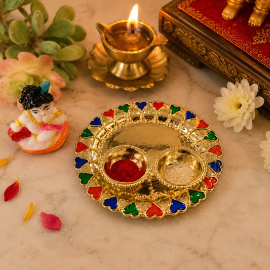Nutts Decorative Pooja Thali Haldi Kumkum Chandhan Holder Plate Gifts With Small Lord Set for Home & Office Decoration & Gifting (Krishna Ji Round) (PoojaP15-1))