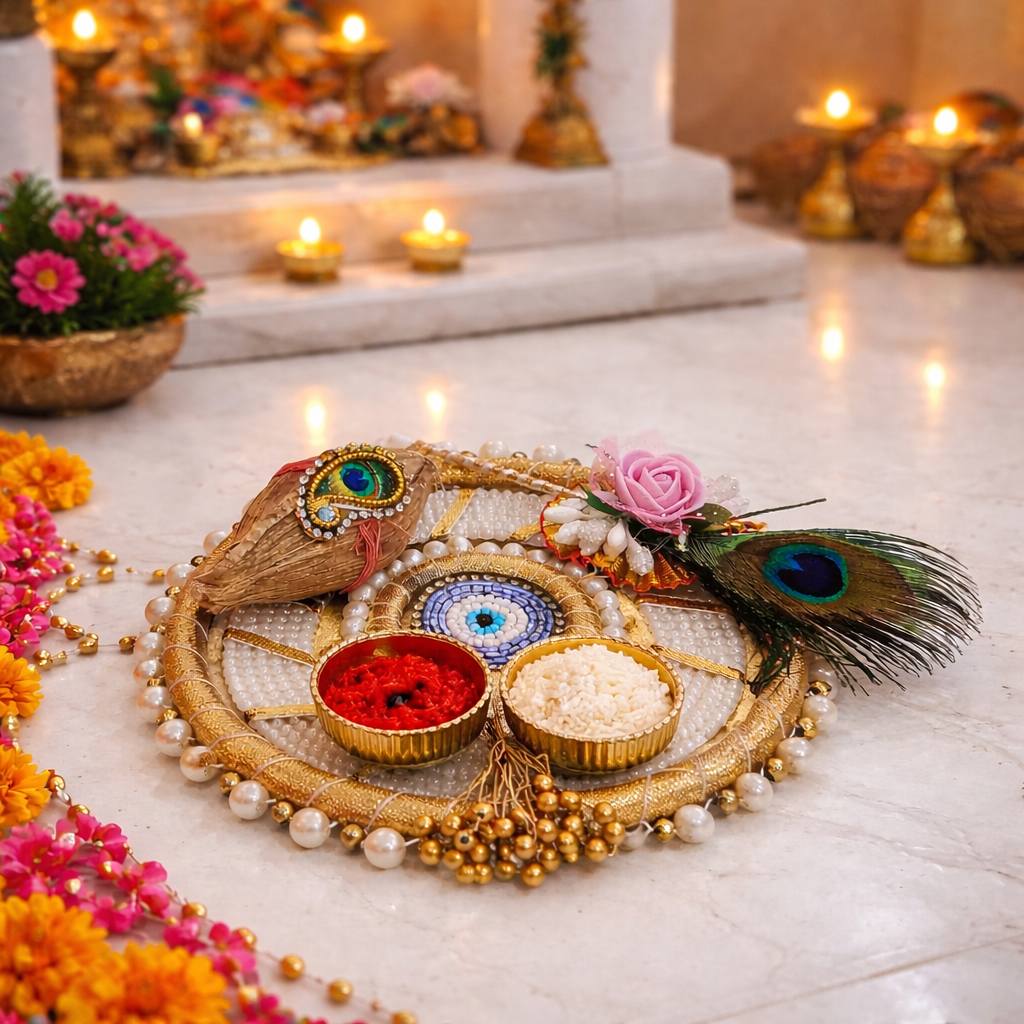 Nutts Decorative Traditional Pooja Festival EvilEye Pooja Plate with Tilak Stick  for Daily Worship Temple Home Celebration Spiritual Ritual Use(Pack Of 1) (PoojaP08)