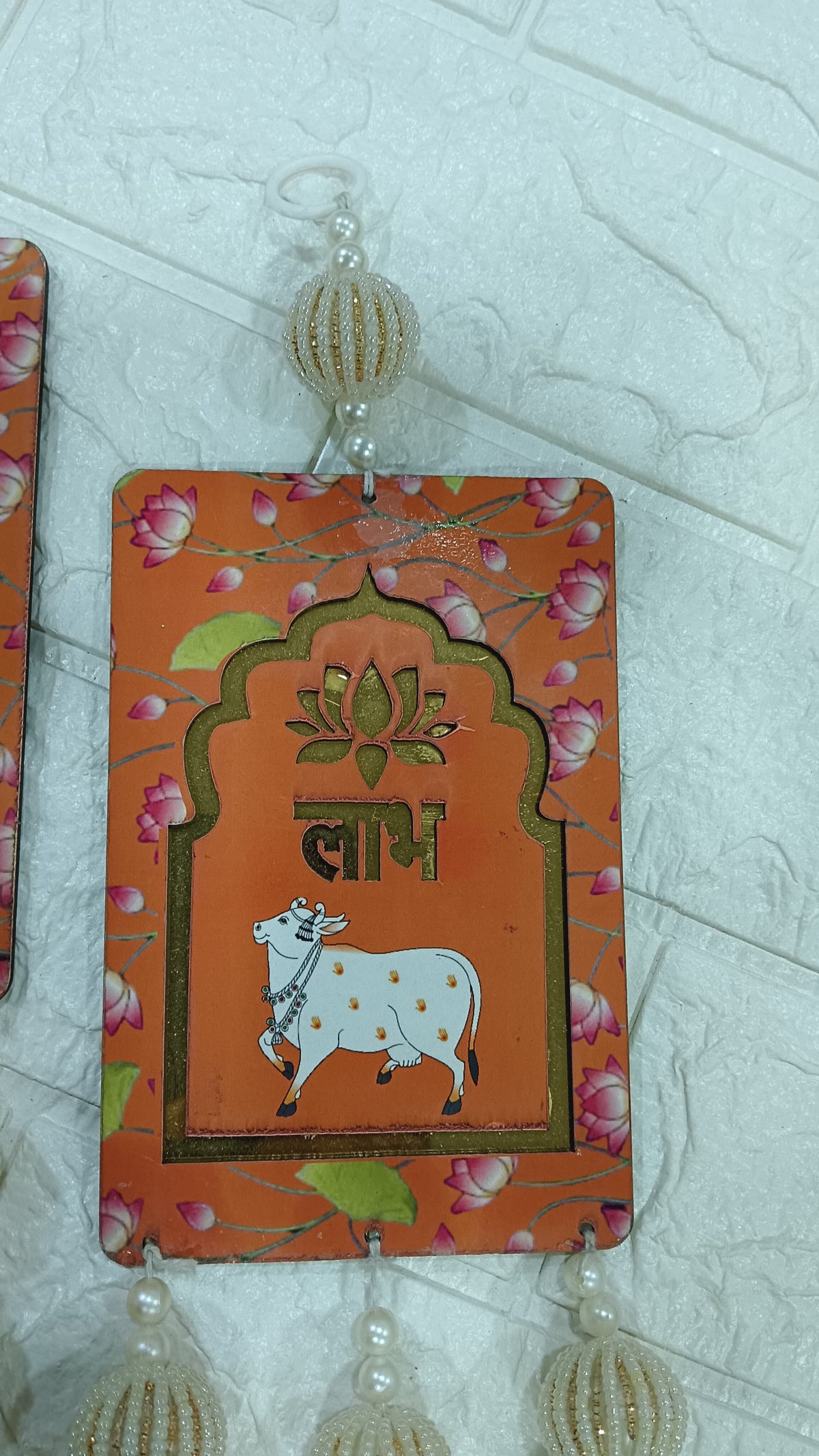 Nutts Handcrafted Shubh Labh MDF Door Hanging with Cow Design Decorative Beaded Tassels Lotus Motif Wall Hanging for Home Entrance Festive Decor Pack of 2 (SMALL115-2) (Oragne)