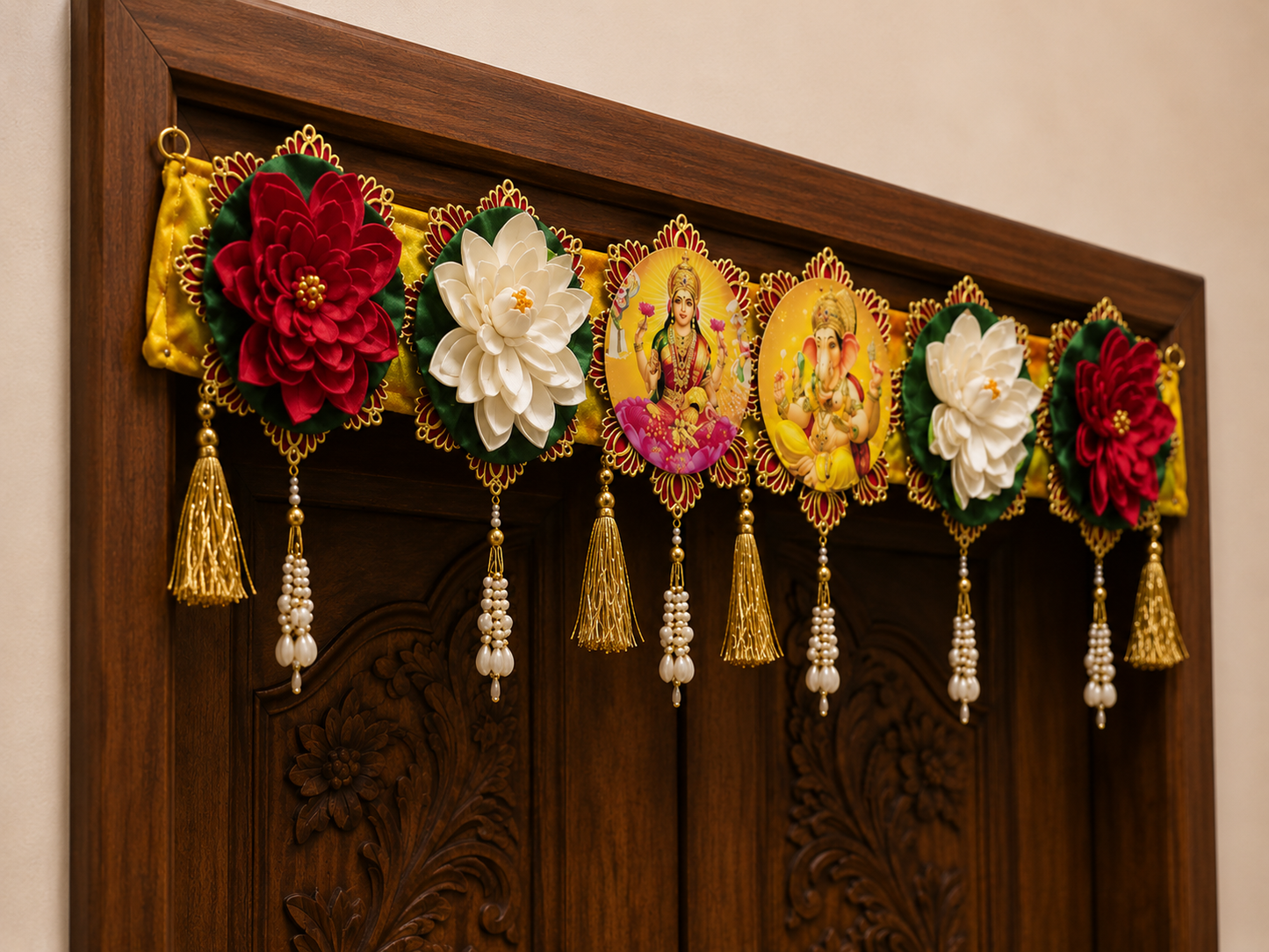Nutts Decorative Laxmi Ganesh Ji Foam Lotus Floral Bandhanwar For Home Festival Events Decoration