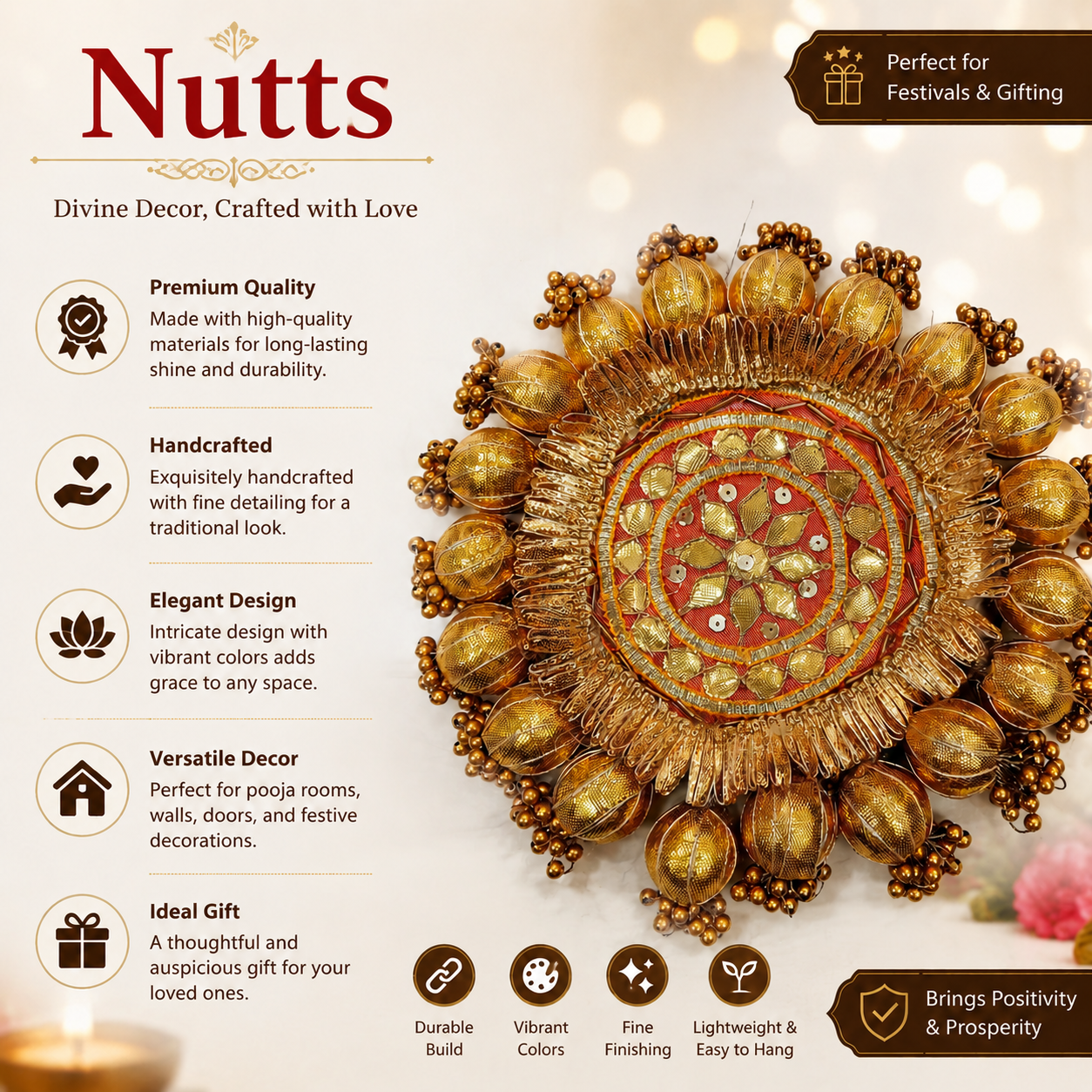 Nutts Decorative Traditional Pooja Thali Elegant Festival Prayer Plate for Home Temple Daily Worship Religious Rituals Festive Decoration (PoojaP03-1)