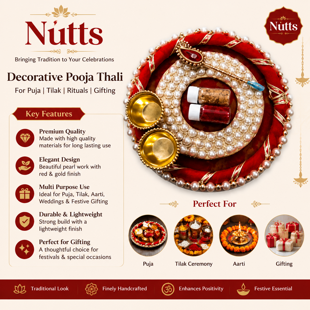 Nutts Decorative Traditional  Moti Plate with Roli Chawal Pooja Thali with Elegant Design for Worship Home Spiritual Ritual Use(Pack Of 1) (PoojaP13)