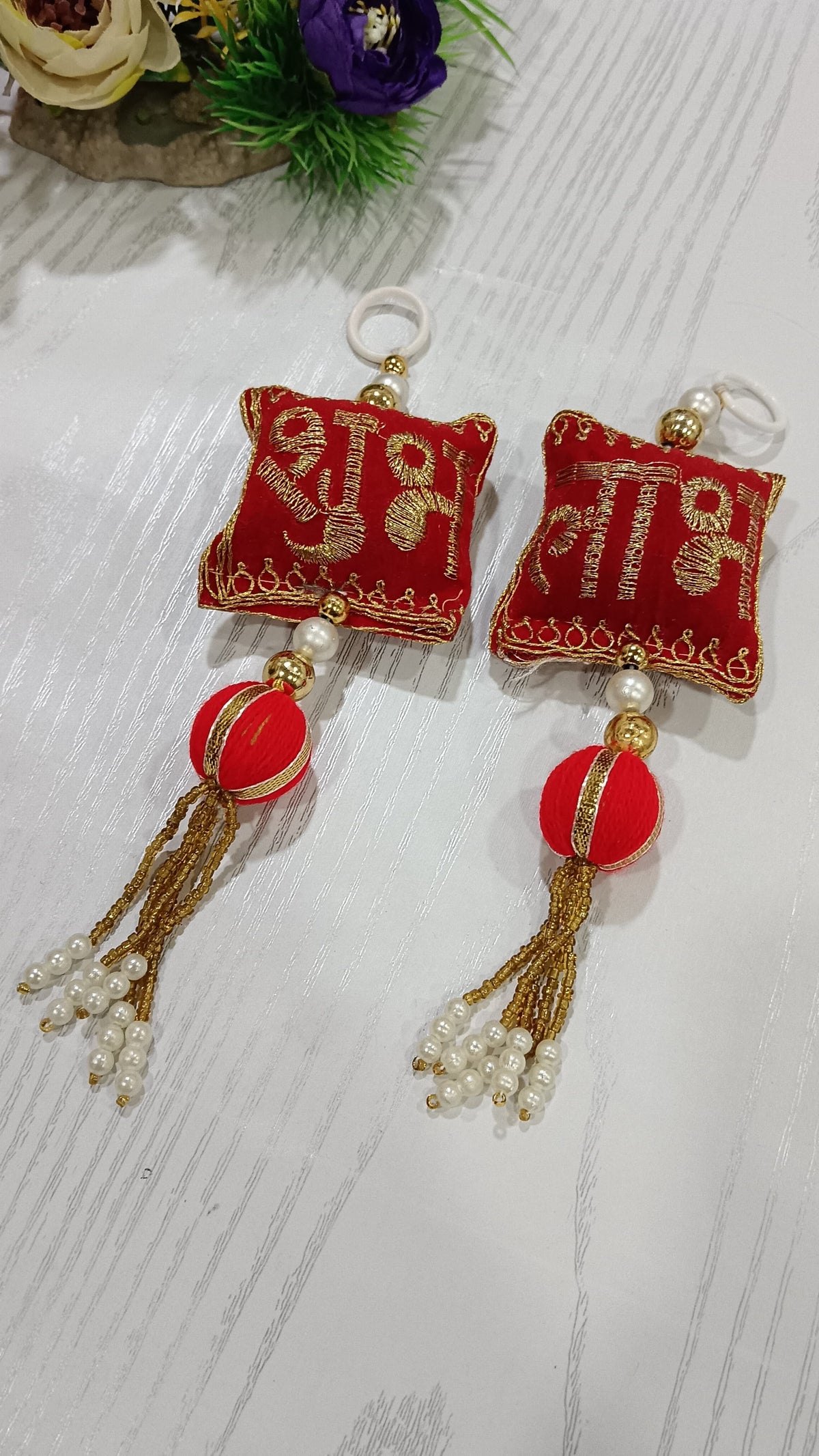 Decorative Shubh Labh Cushion with Gota Balls Latkan Hanging for Home Decor | Traditional Hanging for Main Door/Entrance Pooja Room Festival Items (Pack of 4) SMALL129