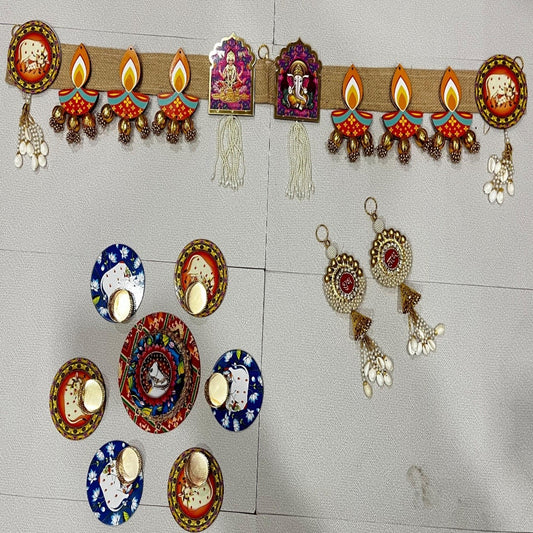 Nutts Decorative MDF Diya with Laxmi Ganesh Ji Bandhanwar with Rangoli Shubh Labh Hangings For Home Decor Festival Decor