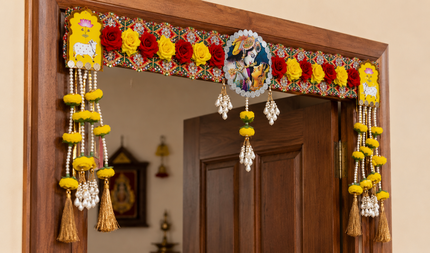 Nutts Decorative Radha Krishan MDF Cow Peony Flower Bandhanwar For Home Decoration Festival Decor