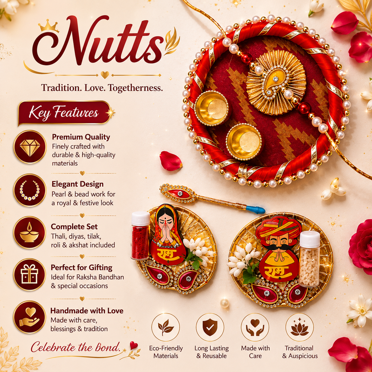 Nutts Designer Rakhi Plate Handmade Raksha Bandhan Thali With Rakhi Ram Ram Ji and Tilak Stick Set (RakhiP02)