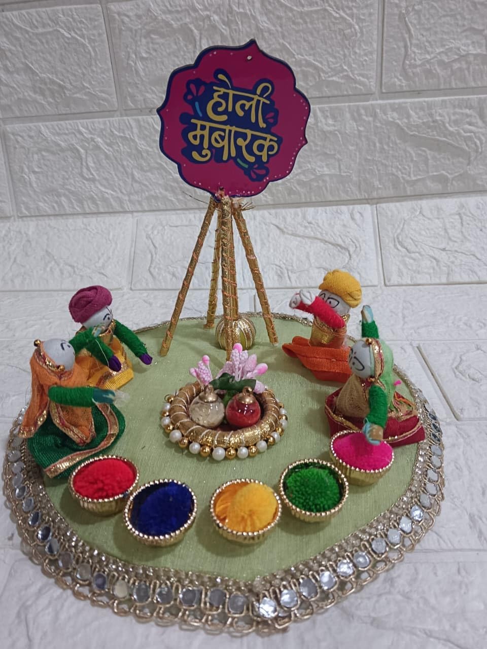 Sellplus Traditional Puppet MDF Holi Moti Chudi Decorative Holi Thali Decorative Holi for Festival Celebration (HOLIPLATE-48)