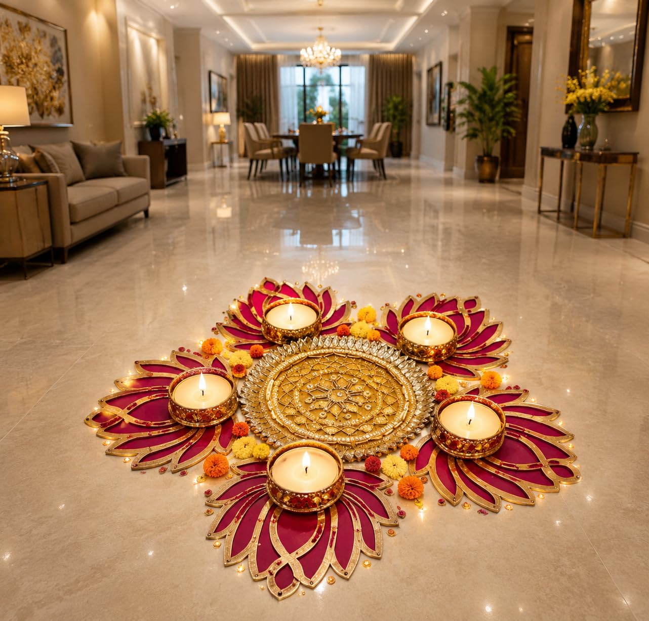 Sellplus Decorative Rangoli Set with Tealight Holder | Diwali Gift Diya | Decoration for Home | Office | Pooja | Diwali & All Special Festival Decor (Design 10)(Rang67-1)