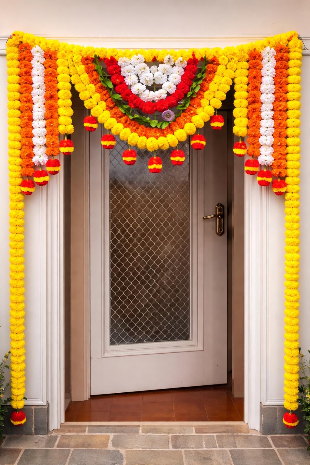 SellplusHandcrafted Artificial Multicolour Genda Flower and Green Leaf Bandhanwar Decorative Door Hanging Toran for Main Entrance | Pack of 1 (BDHW225)