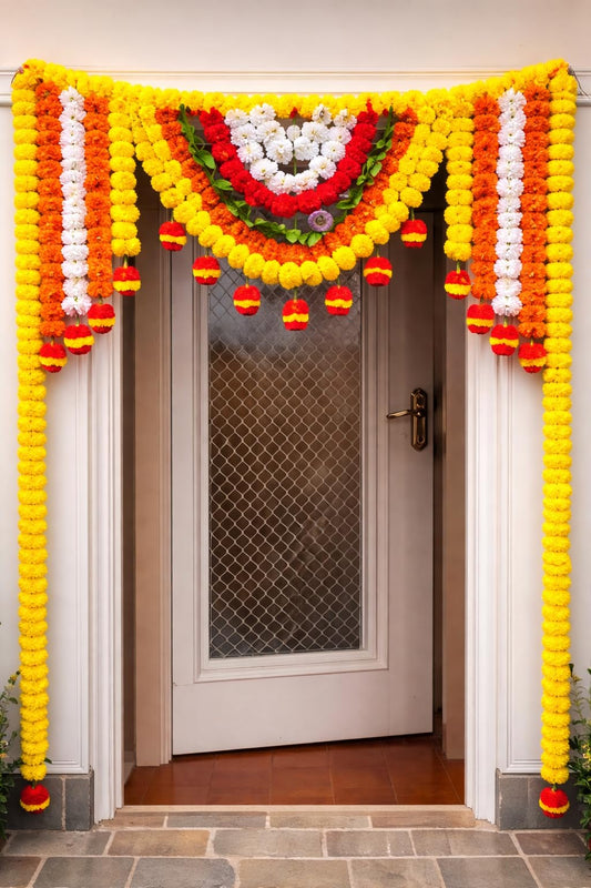 SellplusHandcrafted Artificial Multicolour Genda Flower and Green Leaf Bandhanwar Decorative Door Hanging Toran for Main Entrance | Pack of 1 (BDHW225)