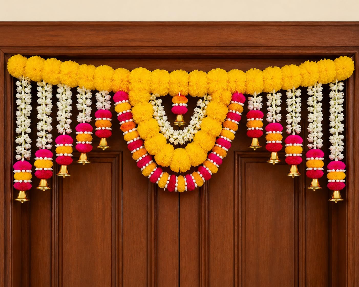 SellplusHandcrafted Artificial Multicolour Genda Flower and Green Leaf Bandhanwar Decorative Door Hanging Toran for Main Entrance | Pack of 1 (BDHW176-1)
