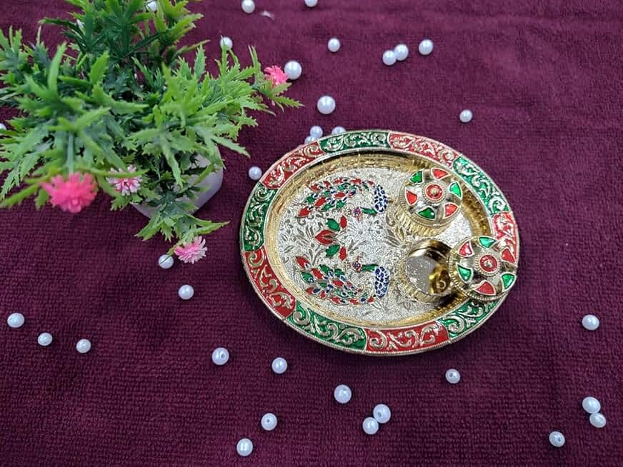 Oval Shape Flower Decorative Traditional Pooja Plater, Sindoor Dibbi for Rakhi Rakshabandhan, Tilak with Kumkum,Haldi Holder Decorative Plater (2)