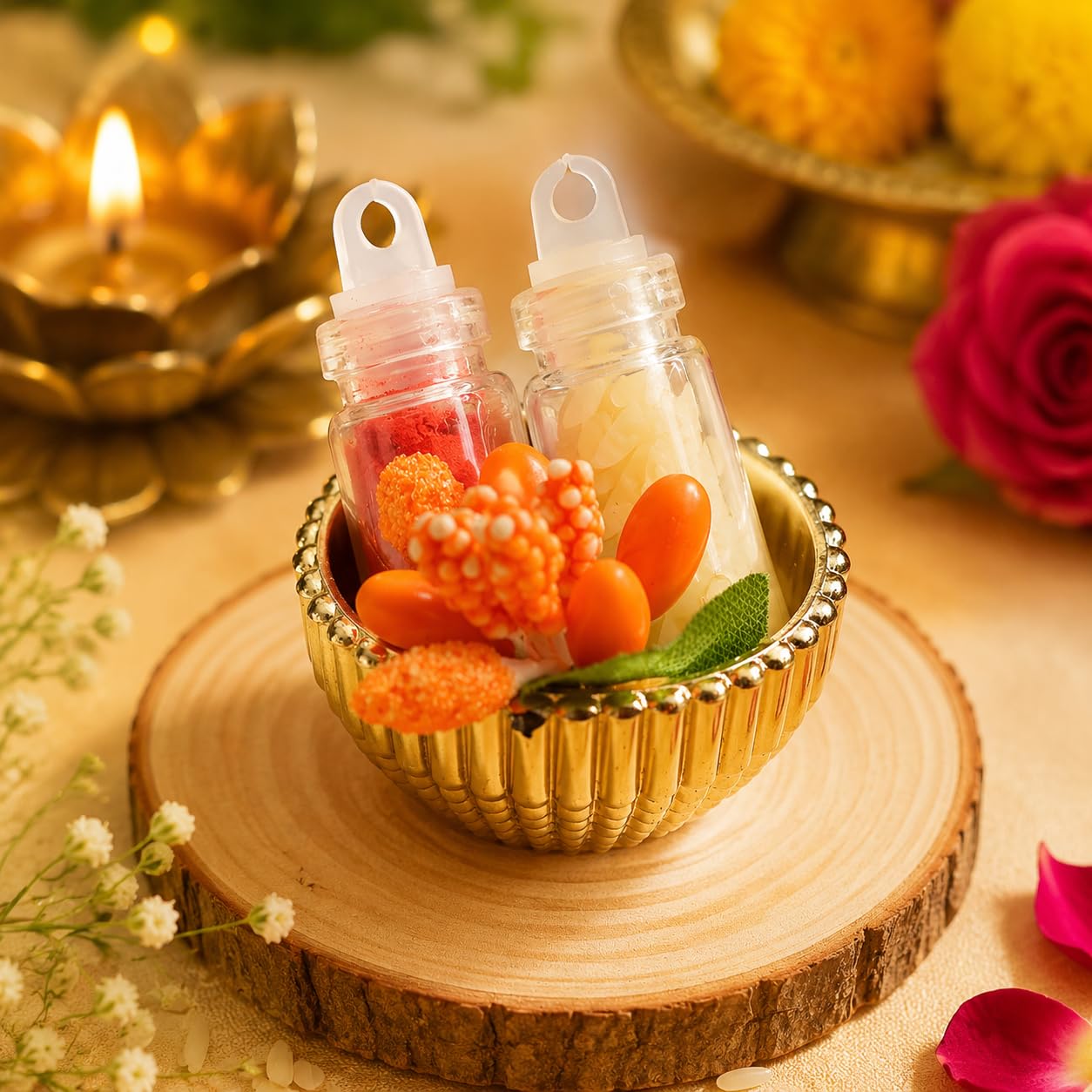 Sellplus Traditional Roli Chawal Pooja Tilak Set Festival Ritual Essentials Auspicious Prayer Ceremony Temple Home Decor(Pack of 6)(RC20)