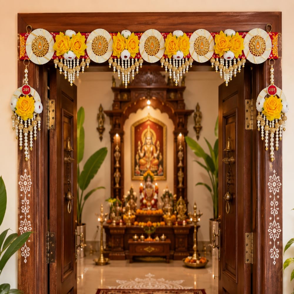 Sellplus Traditional Handcrafted Royal Yellow Rose Pearl Mirror Designer Door Bandhanwar Toran for Diwali Decoration and Festive Home Entrance Decor (BDHW501)