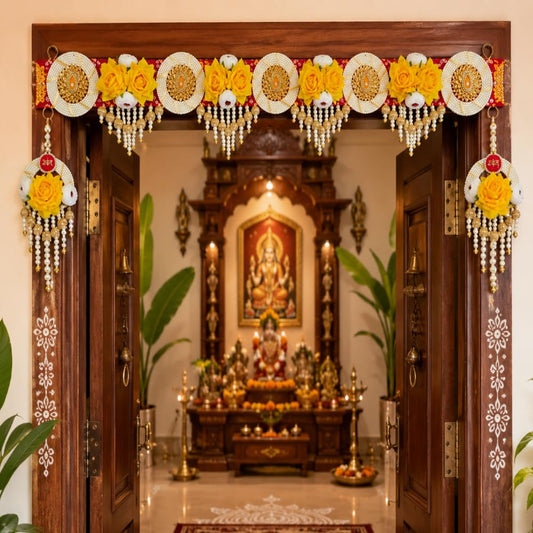 Sellplus Traditional Handcrafted Royal Yellow Rose Pearl Mirror Designer Door Bandhanwar Toran for Diwali Decoration and Festive Home Entrance Decor (BDHW501)