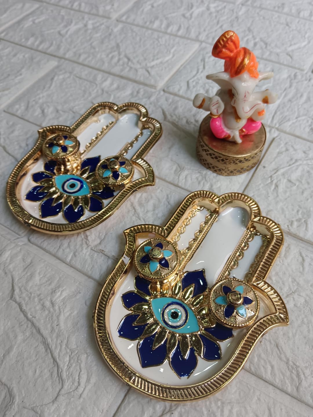 Nutts Decorative Ganesh Ji Pooja Thali hand Shaped EvilEye Traditional Festival Puja Plate for Diwali Navratri Housewarming Temple Rituals Home Decoration (PoojaP28-2)
