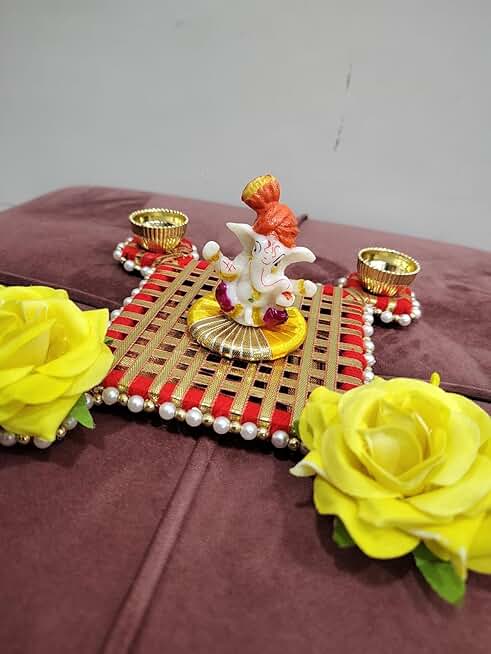 Lord Ganesha Idol on Decorative Handcrafted Floral Plate for Home Decoration & Ganesh Chaturthi Decoration(Pack of 1) Tealight-62