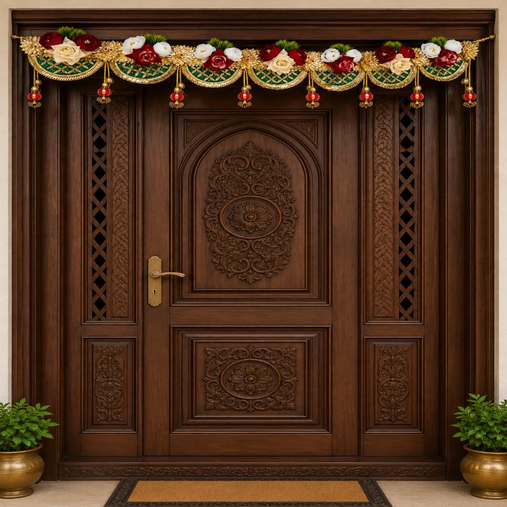Sellplus Traditional Handcrafted Royal Floral Green Red Door Bandhanwar Premium Festive Hanging Tassels for Diwali Decoration and Festive Home Entrance Decor (BDHW527)