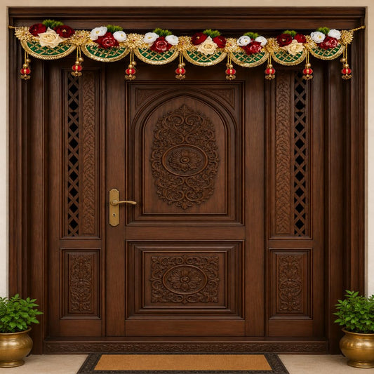 Sellplus Traditional Handcrafted Royal Floral Green Red Door Bandhanwar Premium Festive Hanging Tassels for Diwali Decoration and Festive Home Entrance Decor (BDHW527)