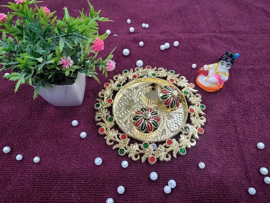 (Combo of 1 Pc Round Tilak Plater & Kanha Ji) Traditional Pooja Thali, Diwali Decoration Sindoor Dibbi for Rakhi Rakshabandhan, Tilak with Kumkum,Haldi Holder Uniqe Decorative Plater