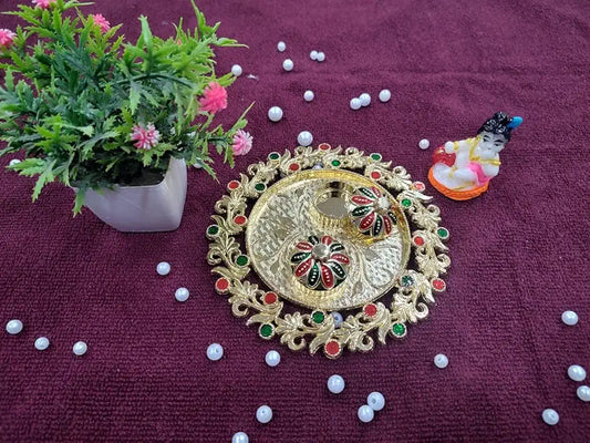 (Combo of 1 Pc Round Tilak Plater & Kanha Ji) Traditional Pooja Thali, Diwali Decoration Sindoor Dibbi for Rakhi Rakshabandhan, Tilak with Kumkum,Haldi Holder Uniqe Decorative Plater