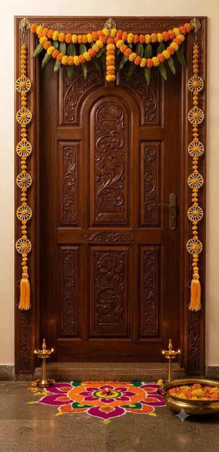 Nutts Handmade Decorative Door Hanging with Yellow Floral Motifs Pom Poms Beads and Tassel for Main Door Pooja Room Festival Home Decoration (PMPMT145)
