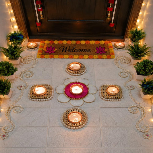 Sellplus Handmade Mirror Work Rangoli Set with Pearl Border Decorative Floral Design Metal Diya Candle Holder Cups for Diwali Pooja Home Decoration Festival Table Decor Multicolour Fabric (Rang166)