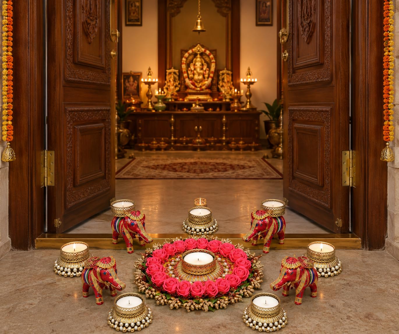 Sellplus Decorative Floral Rangoli Tealight Holder Traditional Festival Floor Decor for Diwali Pooja Home Entrance Living Room Decoration Reusable Design (Rang134)