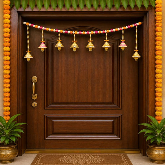 Sellplus Multicolor Beaded Door Bandhanwar Hanging with Golden Jhumka Latkan and Pearl Chain for Festive Entrance Decor (BDHW536)