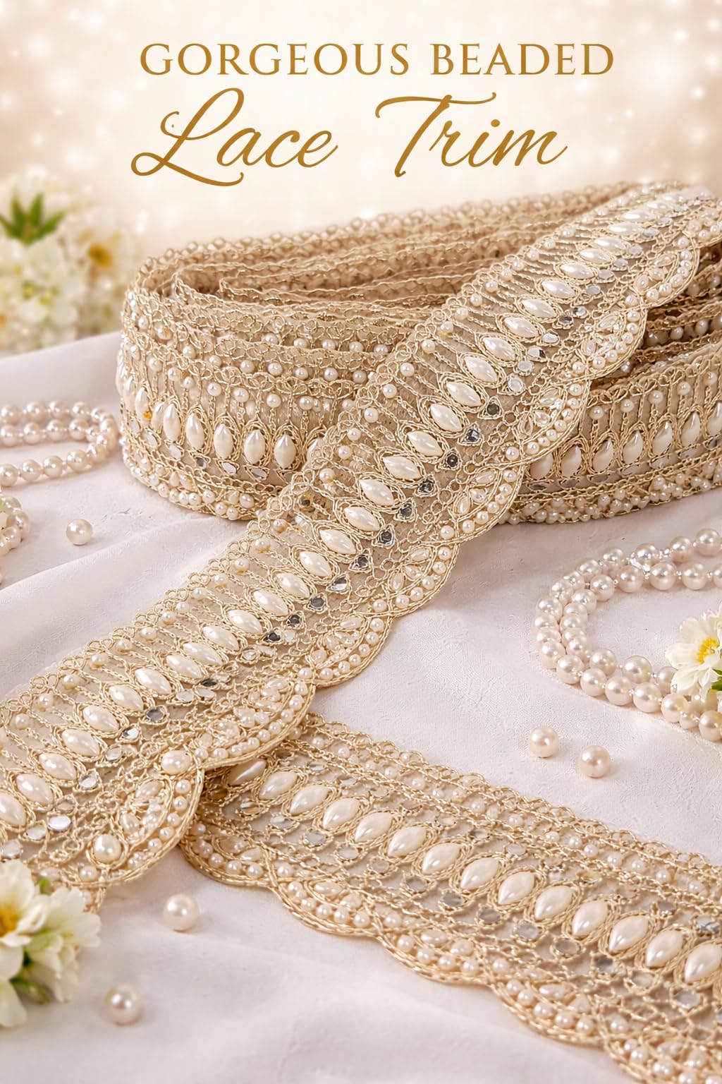 Nutts Decorative Designer Pearl Lace Border for Dupatta Suits & Saree Lace Trim Ribbon for Sewing Making and DIY Crafts (RM-LACE31)