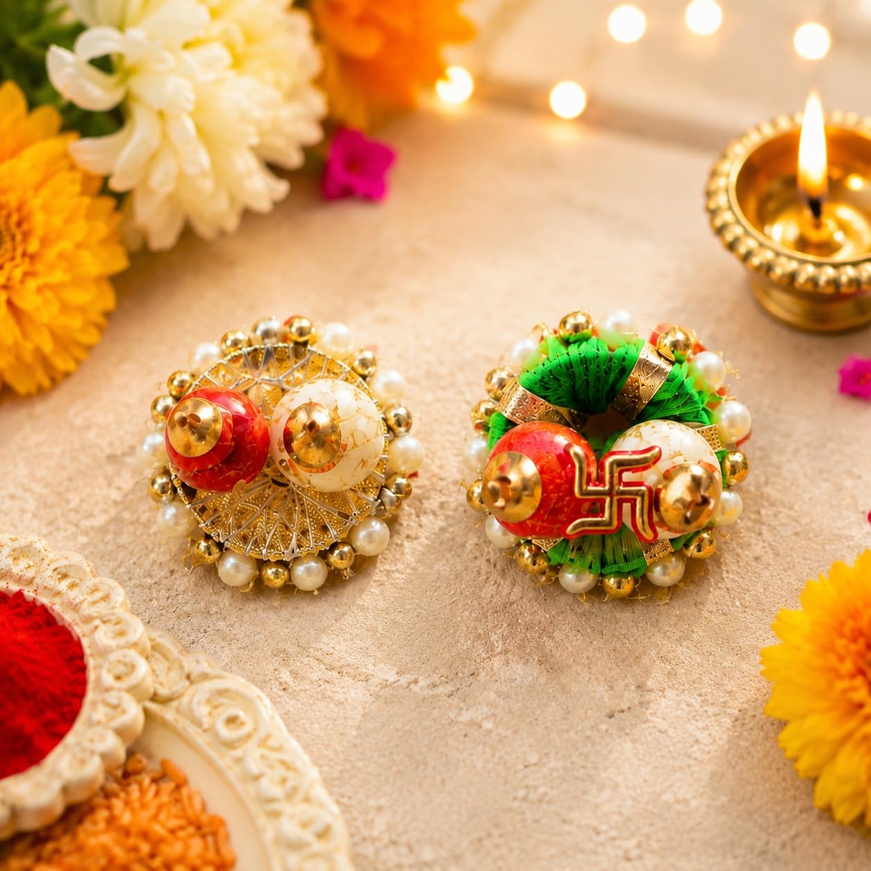 Sellplus Traditional Roli Chawal Pooja Tilak Set for Hindu Rituals Festivals Temple Worship Wedding Ceremony Daily Religious Use(Pack of 6) (RC29)