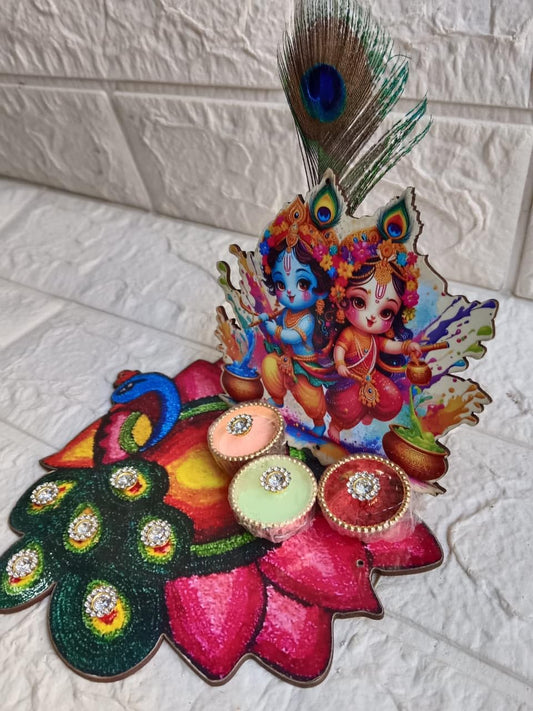 NUTTS  Traditional Radha Krishna Peacock MDF Plate Decorative Holi Return Gifts for Festival Celebration (HOLIPLATE-64)