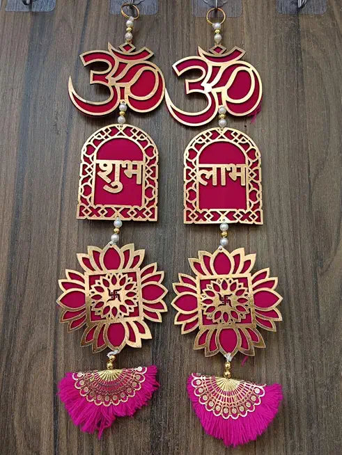 Nutts Om Shubh Labh Wall Hanging Decorative | Lotus and Swastik Design with Tassel Toran for Home Entrance Pooja Room Decoration Hanging Pack of 2 (SMALL114)