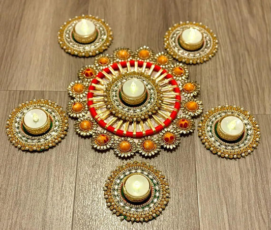 NUTTS  Traditional Handmade Red Golden Pearl Tealight Rangoli Decorative Candle Holder Set for Diwali Pooja Wedding Festival Home Decoration Centerpiece Reusable Design (Rang43-1)