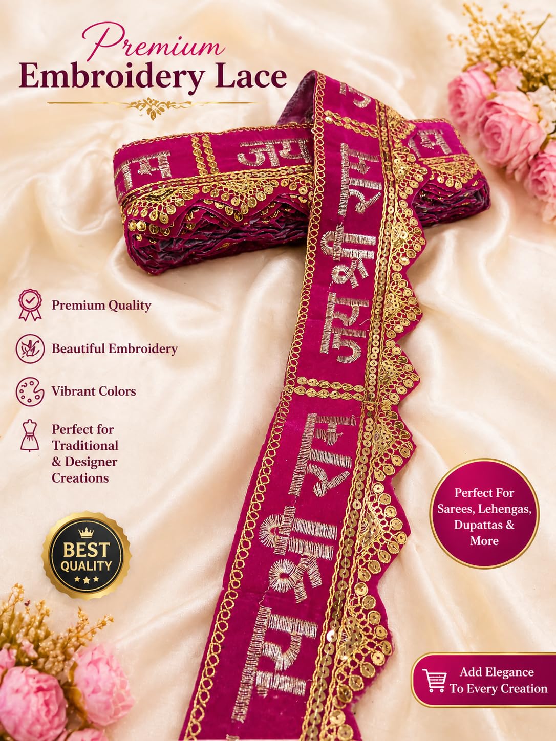 Nutts Decorative Jai Shree Ram Lace Border for Dupatta Suits & Saree Lace Trim Ribbon for Sewing Making and DIY Crafts (RM-LACE25-3)