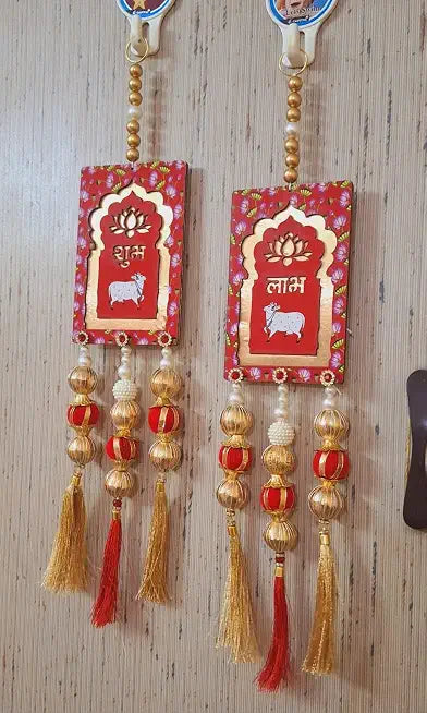 Nutts Shubh Labh MDF Door Hanging Set with Lotus Design Cow Beads and Tassels Decorative Wall Hanging for Home Entrance Pooja Room Diwali Festival Decor Set of 1 Red and Gold (SMALL08)