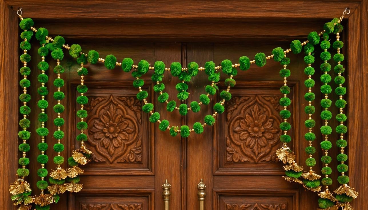 Sellplus Decorative Handcrafted Pom-Pom Beads Bandhanwar | Traditional Jaal Chudi Bell Pom-Pom Multicolour Bandhanwar for Main Door Decoration (Pack of 1) (BDHW433-1 (Green))