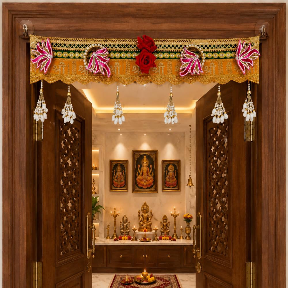 Sellplus Traditional Handcrafted Royal Shree Floral Gold Pink Designer Door Bandhanwar Toran for Diwali Decoration and Festive Home Entrance Decor (BDHW105)