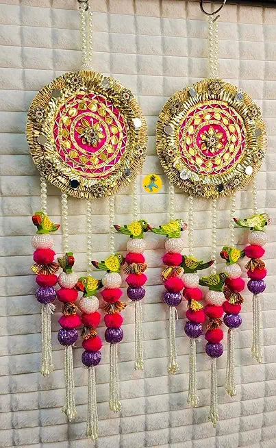 Handmade Decorative Wall Hanging Pair Mirror Work | Beads Colorful Pom Pom & Wooden MDF Birds Hanging | Traditional Indian Home Entrance Door Decor Pack of 2 (SMALL48-1)
