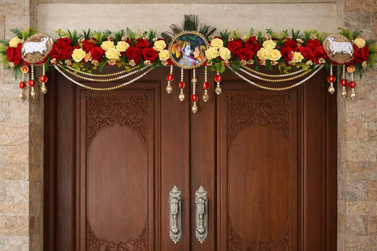 Sellplus Traditional Handmade Divine Artificial Flower Bandhanwar | Decoartive MDF Radha Krishna Floral Bandhanwar for Main Door Entrance and Welcoming Area (Pack of 1) (BDHW228)
