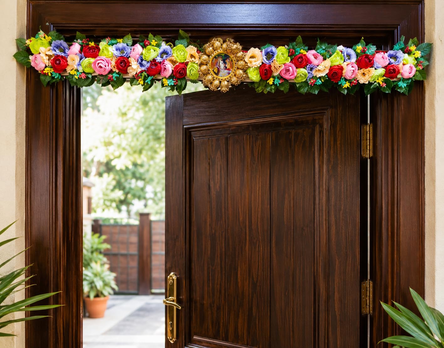 Sellplus Traditional Handmade Divine Artificial Flower Bandhanwar | Decoartive MDF Radha Krishna and Ganesh Ji Florel Beads Bandhanwar for Main Door Entrance and Welcoming Area (Pack of 1) (BDHW111)