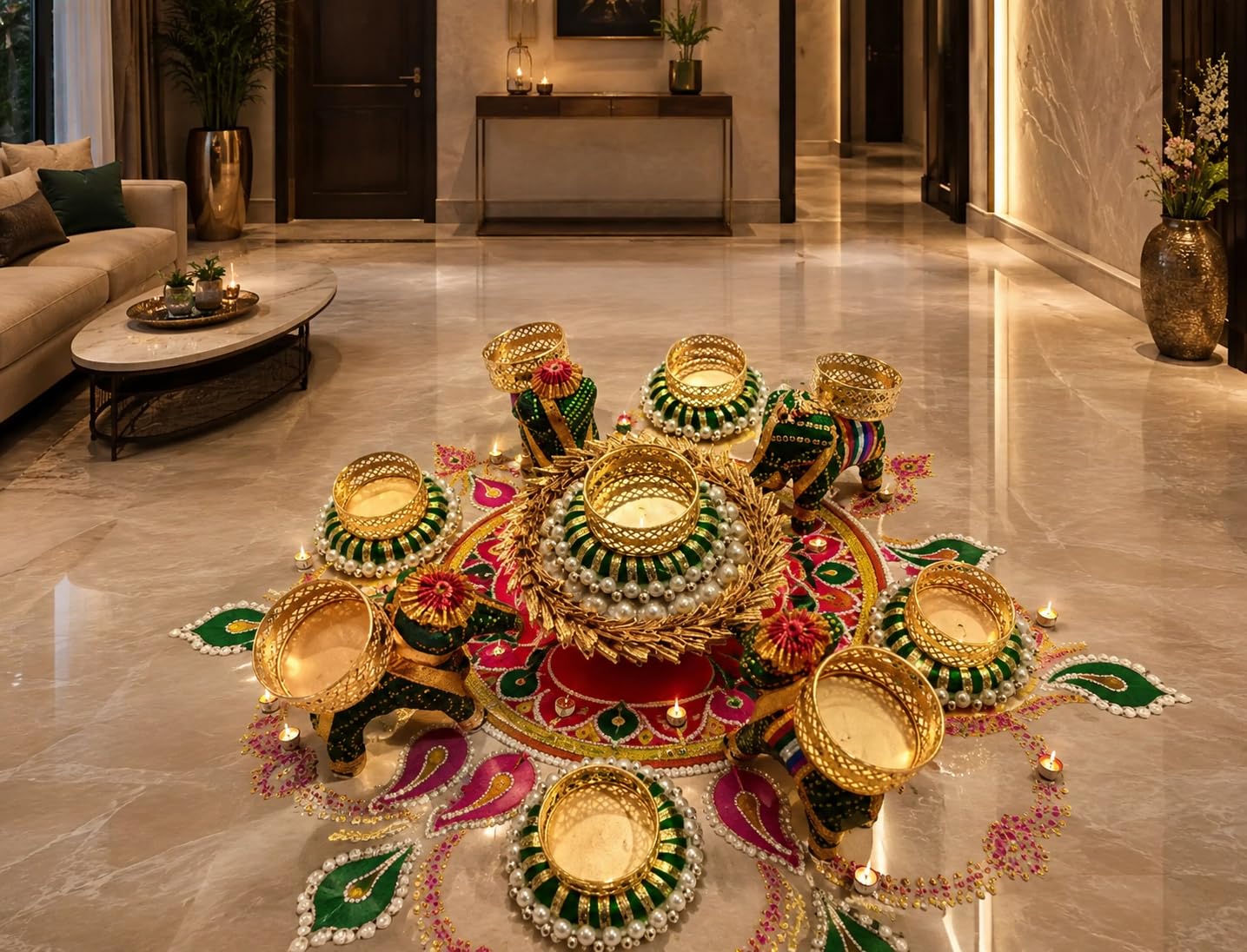 Sellplus Decorative Floral Rangoli Tealight Holder Traditional Festival Floor Decor for Diwali Pooja Home Entrance Living Room Decoration Reusable Design (Rang133)