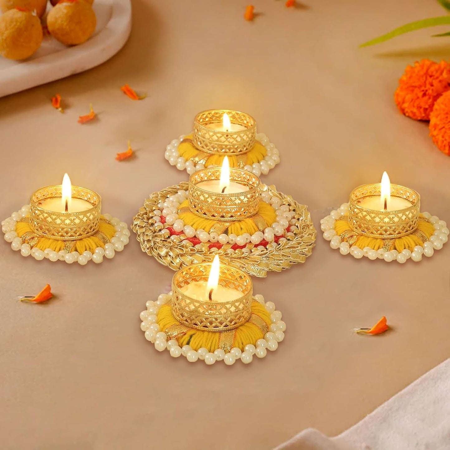 Sellplus Decorative Rangoli Set with Tealight Holder | Diwali Gift Diya | Decoration for Home | Office | Pooja | Diwali & All Special Festival Decor (Design 19)(Rang75)