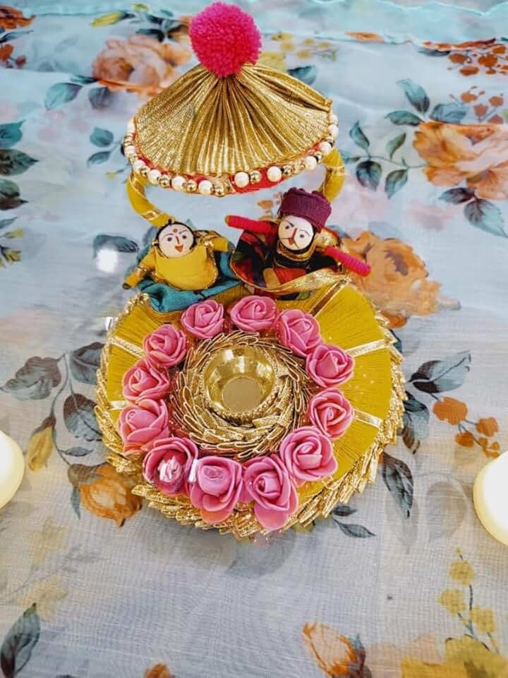 Rakhi Plater Holder Mini Foam Rose & Puppet Designer and Ethnic Rakhi Thali with Kumkum Chawal Holder (Tealight-60)