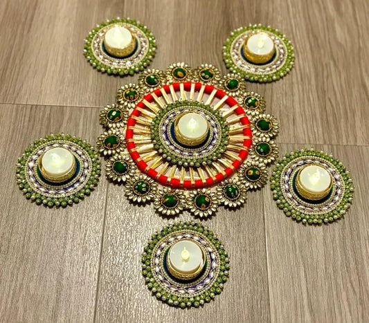 NUTTS  Traditional Handmade Red Golden Pearl Tealight Rangoli Decorative Candle Holder Set for Diwali Pooja Wedding Festival Home Decoration Centerpiece Reusable Design (Rang43-3)