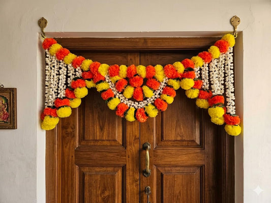 SellplusHandcrafted Artificial Multicolour Genda Flower and Green Leaf Bandhanwar Decorative Door Hanging Toran for Main Entrance | Pack of 1 (BDHW194)