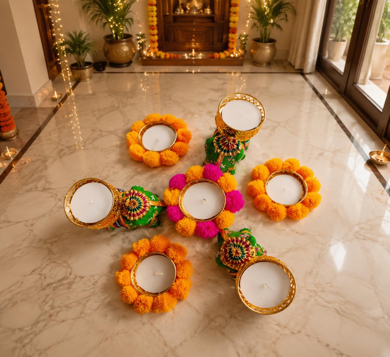 Sellplus Decorative Floral Rangoli Tealight Holder Traditional Festival Floor Decor for Diwali Pooja Home Entrance Living Room Decoration Reusable Design (Rang135)