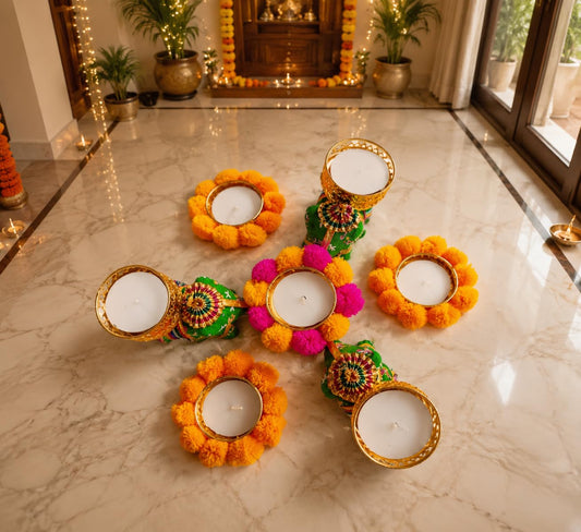Sellplus Decorative Floral Rangoli Tealight Holder Traditional Festival Floor Decor for Diwali Pooja Home Entrance Living Room Decoration Reusable Design (Rang135)