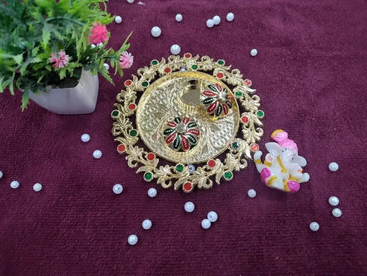 (Combo of 1 Pc Round Tilak Plater & Ganesh Ji) Pooja Thali, Diwali Decoration Sindoor Dibbi for Rakhi Rakshabandhan, Tilak with Kumkum,Haldi Holder Uniqe Decorative Plater
