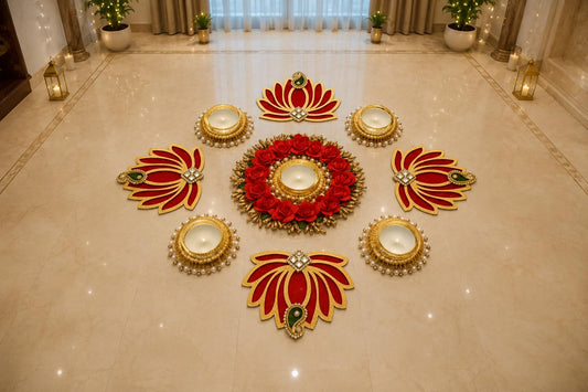 Sellplus Decorative Floral Rangoli Tealight Holder Traditional Festival Floor Decor for Diwali Pooja Home Entrance Living Room Decoration Reusable Design (Rang132)